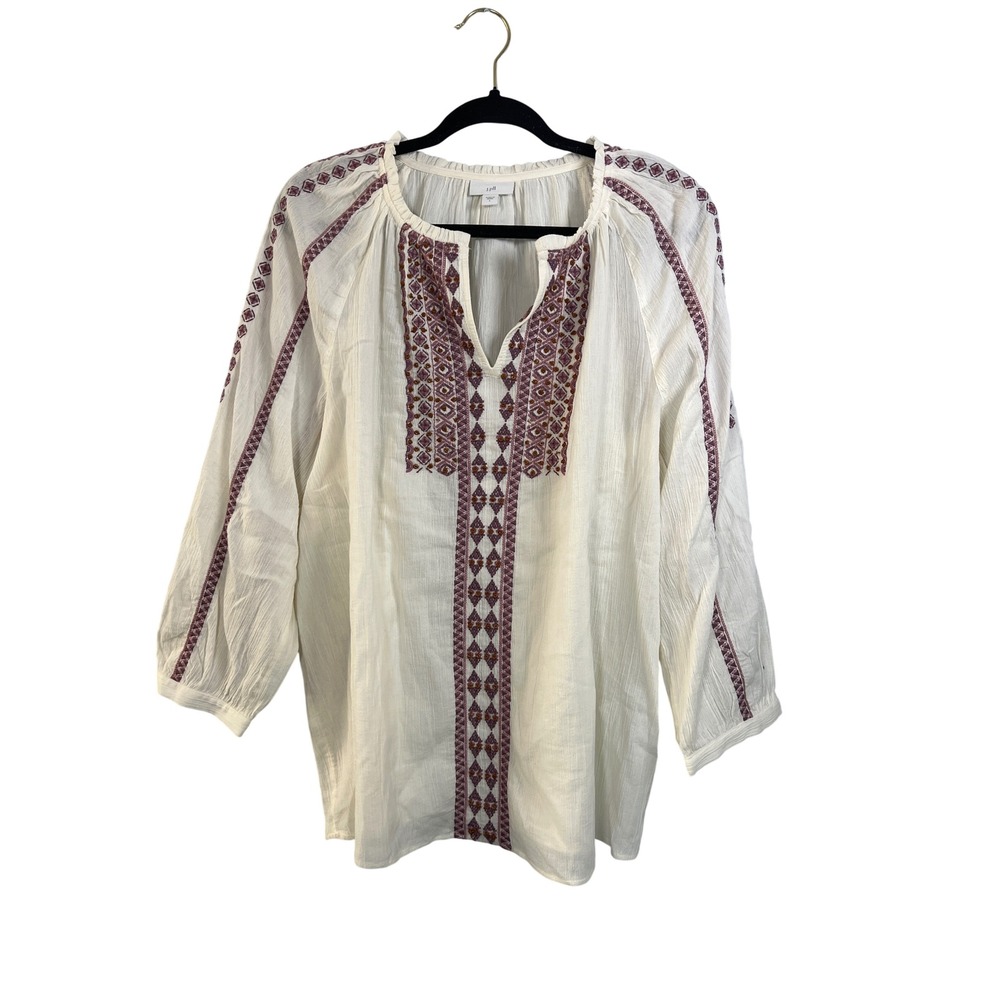 J. Jill Cream Embroidered Boho Chic Blouse L Cottagecore Artisan Coastal Grandma